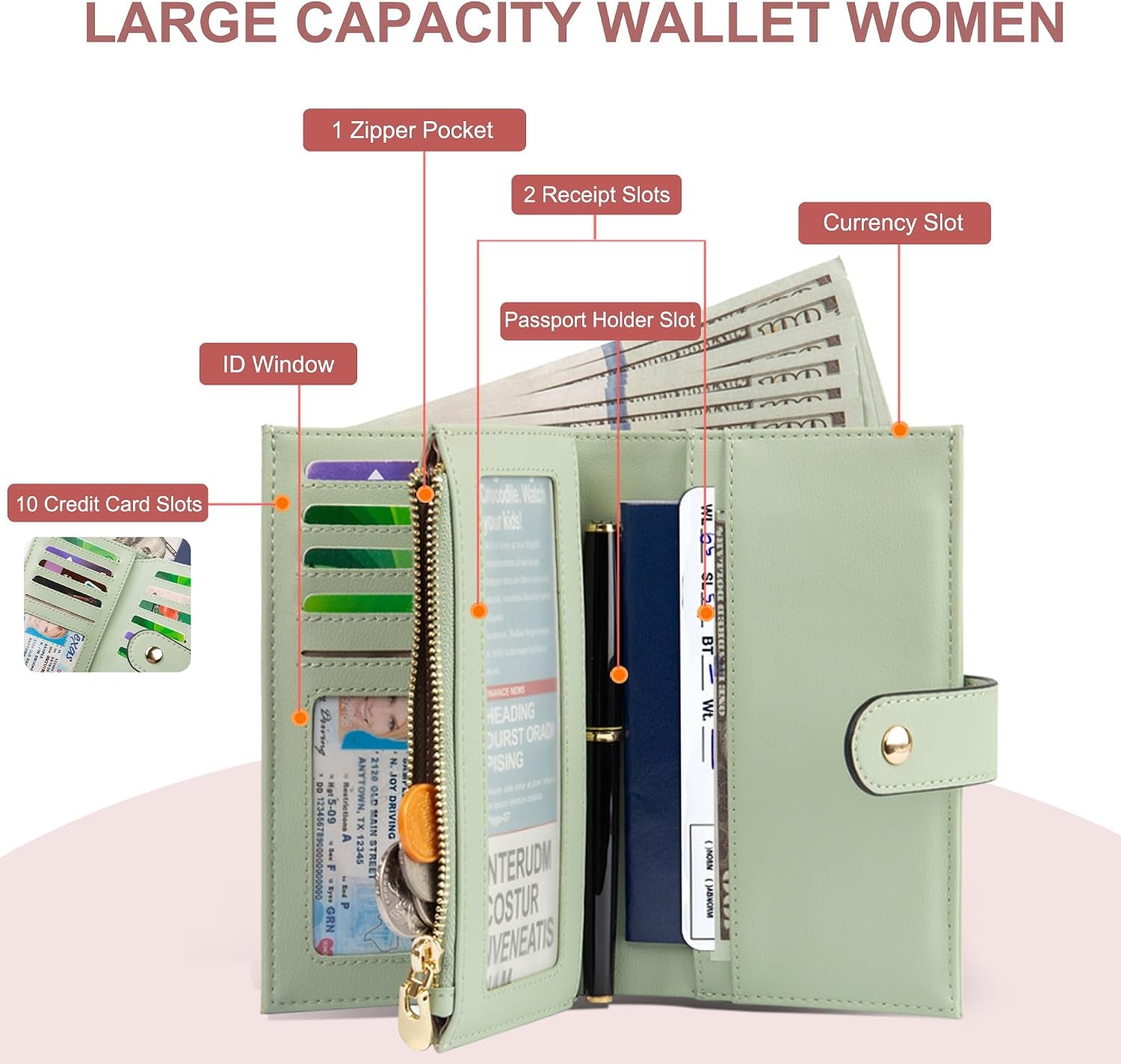 Wallets for Women RFID Blocking Leather Trifold Clutch Wallet Credit Card Holder Ladies Travel Wallet Purse with Pen Holder