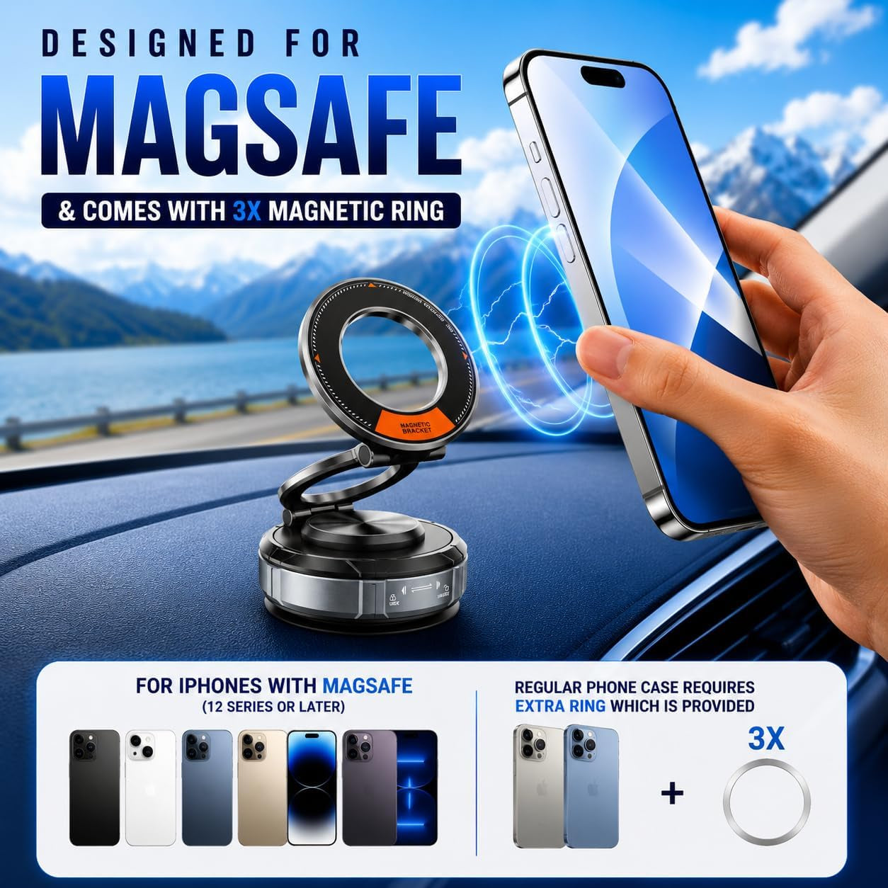 Magnetic Car Phone Mount for Magsafe – 3 Holder Bundle (Dashboard, Air Vent & Steering Side) Strong Magnetic Hold with Premium Build Quality - Car Phone Holder for Iphone 17 Pro Max & All Phones