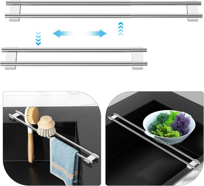 Dish Cloth Holder for Kitchen Sink, Adjustable Over-The-Sink Dish Rag Rack, Metal Kitchen Racks Sink Brush Holder, Drying Rack for Dishcloths, Sponges, Brushes, and Bottles (1, Sliver)