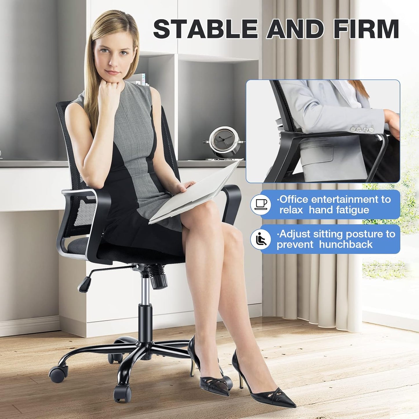 Office Chair - Ergonomic Office Chair Mid Back Office Desk Chair with Wheels Computer Chair with Lumbar Support Home Office Chair with Armrests for Adults, Black