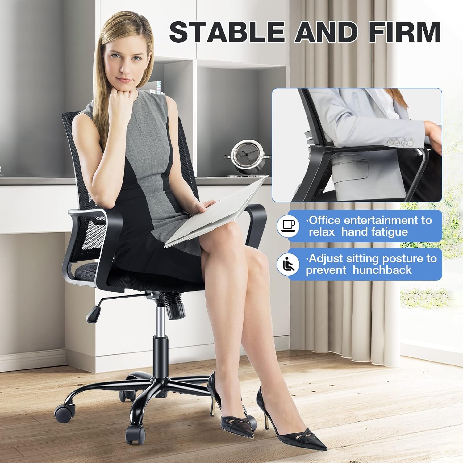 Office Chair - Ergonomic Office Chair Mid Back Office Desk Chair with Wheels Computer Chair with Lumbar Support Home Office Chair with Armrests for Adults, Black
