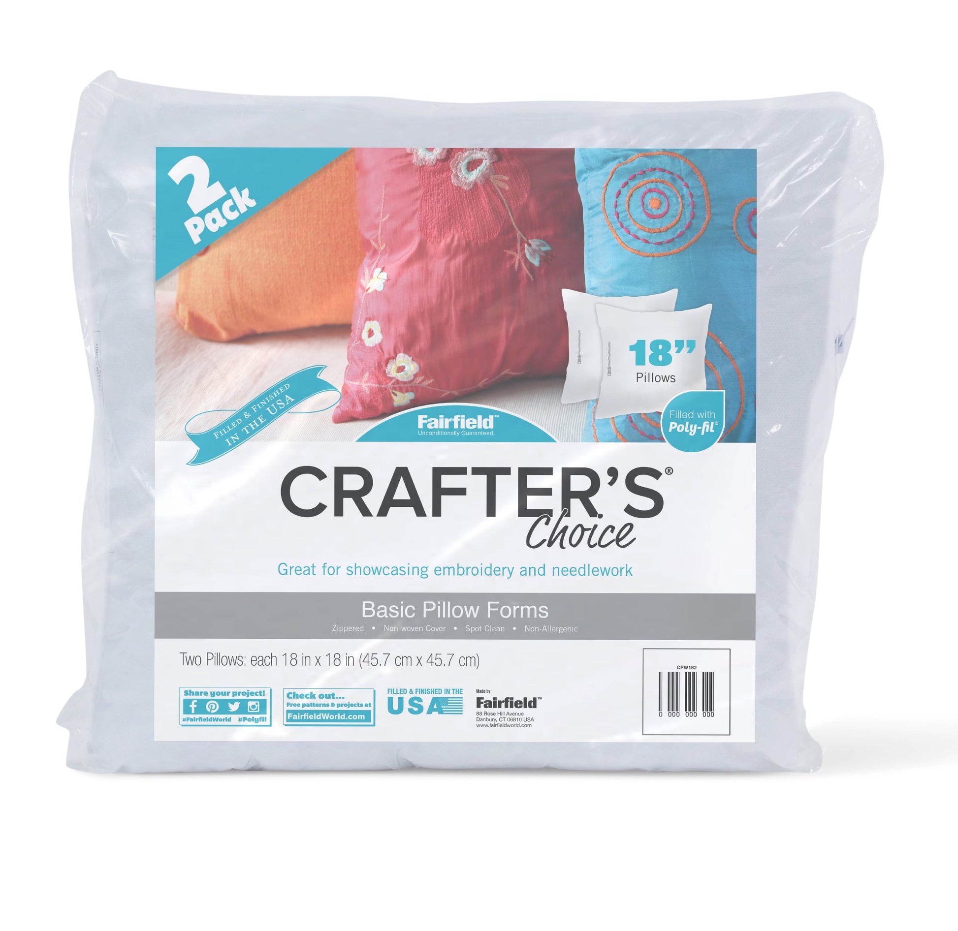 Crafter’S Choice Basic Pillow Forms, Soft Pillow Inserts for Throw Pillows, Decorative Pillows, Travel Pillows, and Home Decor, Zippered Cover, Spot Clean, 18" X 18", Pack of 2