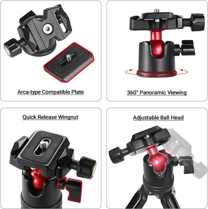 Tabletop Tripod, Mini Desktop Travel Tripod Aluminum Alloy with 360 Degree Ball Head and Quick Release Plate Lightweight and Portable for Compact Cameras Dslrs, Phone, Gopro（Black）- BUT2287