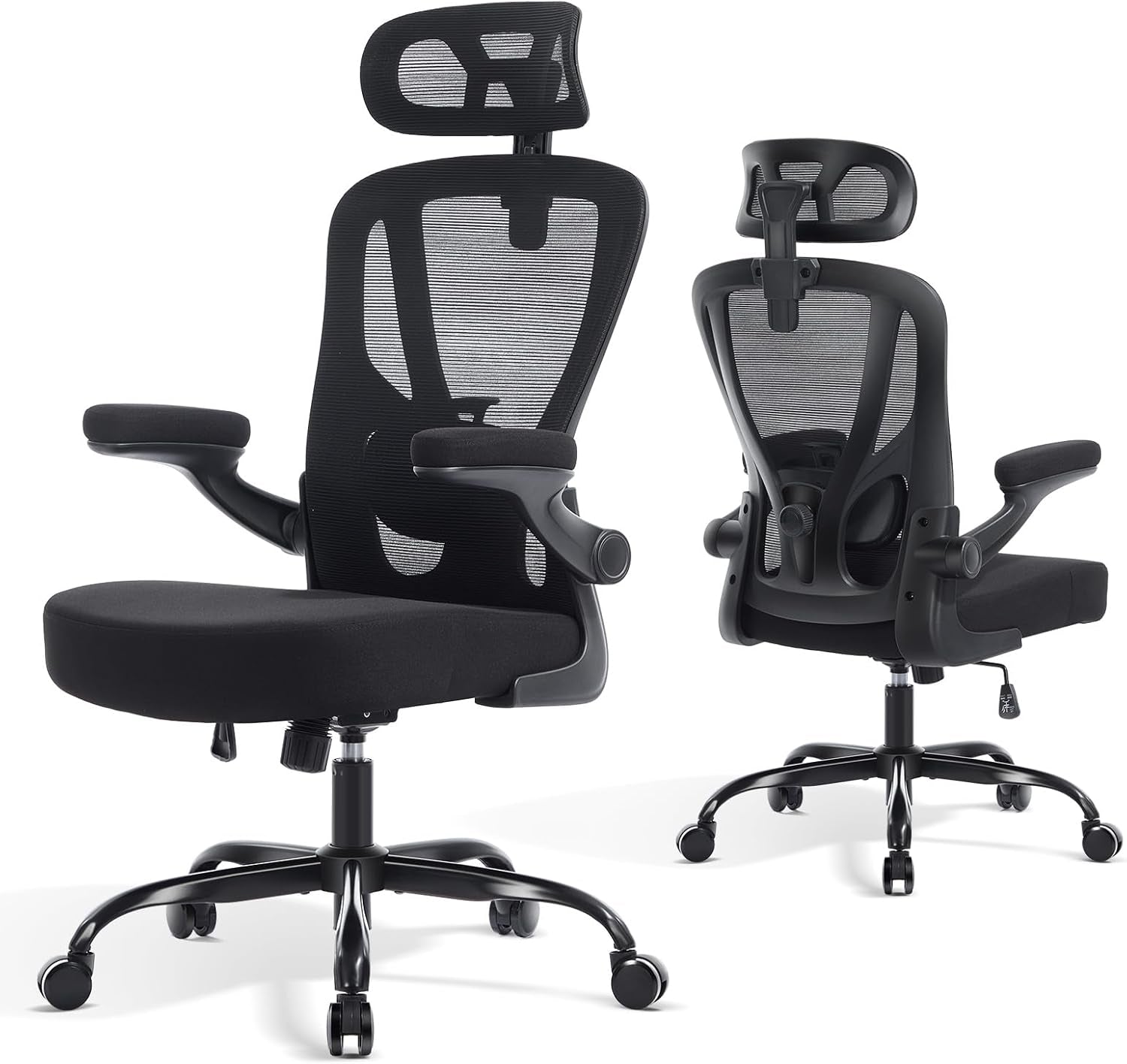 Office Chair Ergonomic Office Chair with Lumbar Support, Head Support, Rocking Function, Filp-Up Armrests, Mesh High Back Chair Home Office Desk Chair, Suitable for Home, Office, Black