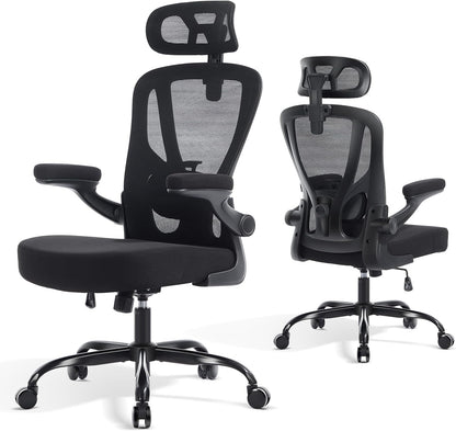 Office Chair Ergonomic Office Chair with Lumbar Support, Head Support, Rocking Function, Filp-Up Armrests, Mesh High Back Chair Home Office Desk Chair, Suitable for Home, Office, Black