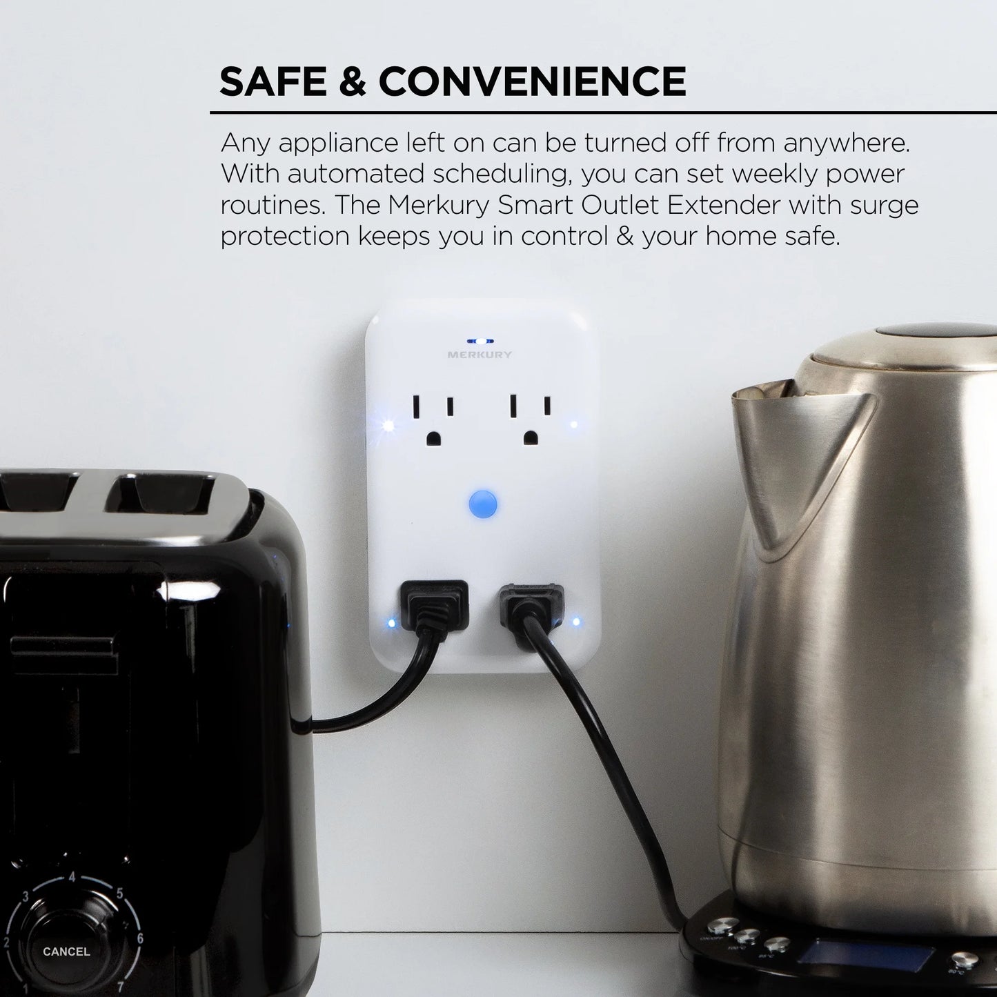 Merkury Innovations Smart 4-Outlet Wall Extender, 15A 1800W, Wi-Fi Enabled, Works with Alexa & Google Assistant – White