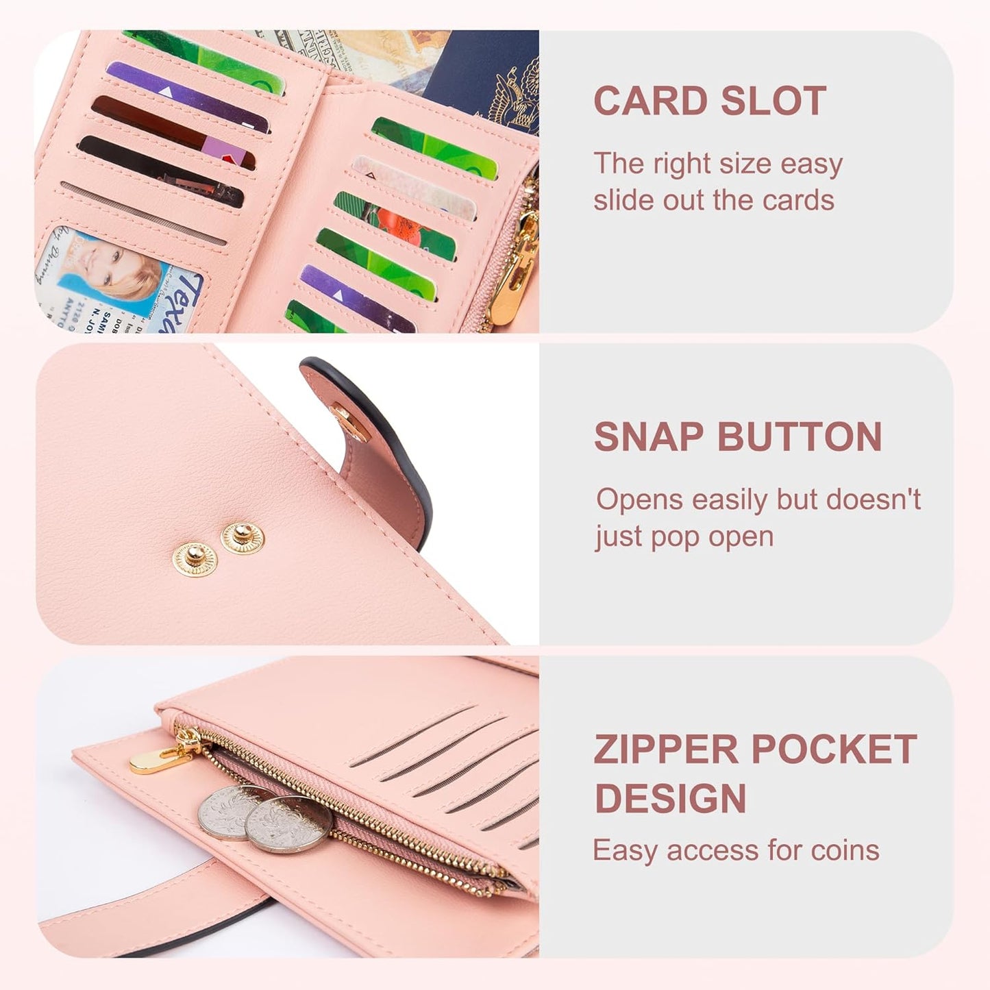 Womens Wallet RFID Blocking Leather Trifold Clutch Wallet Credit Card Holder Ladies Travel Wallet Purse with Pen Holder