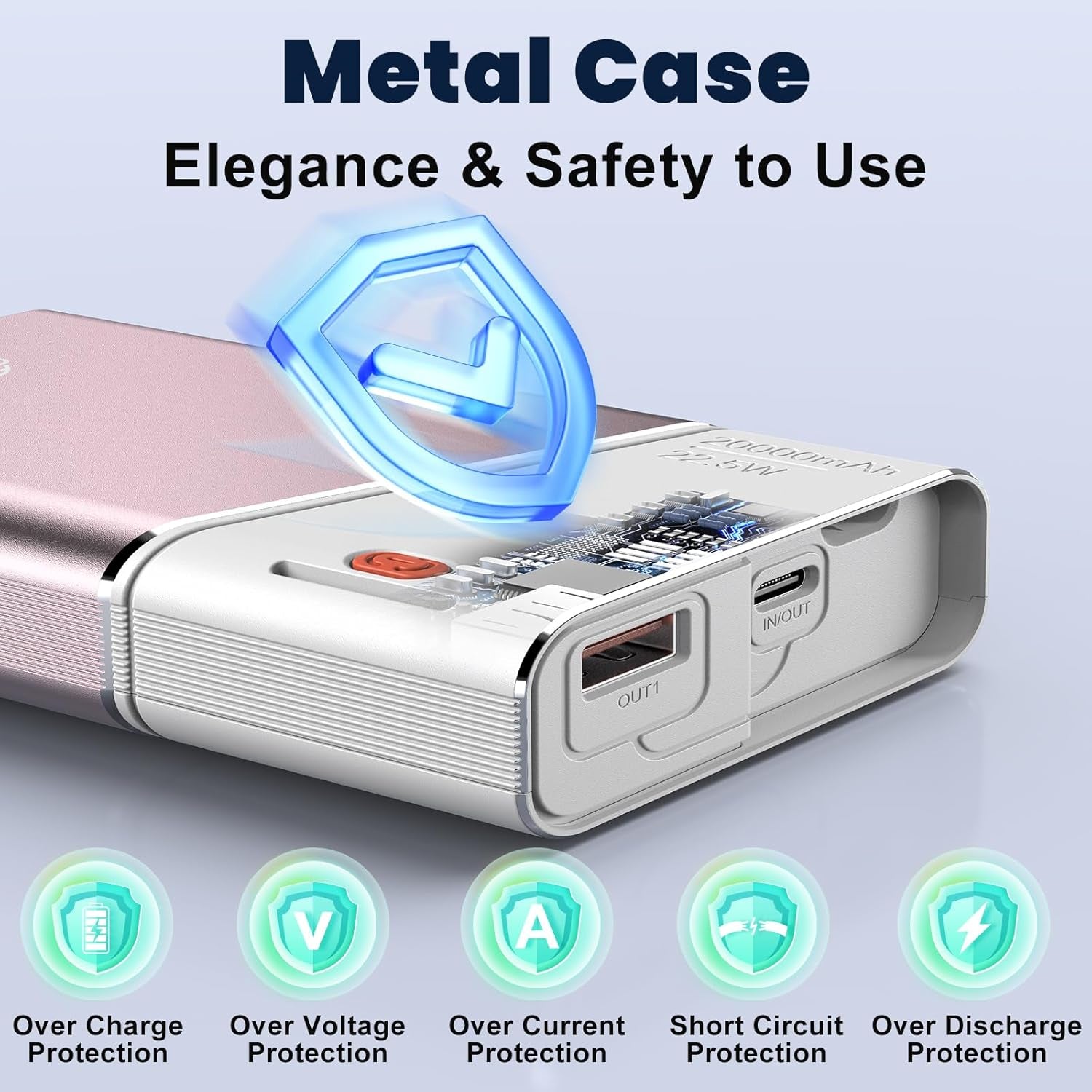 Portable Charger Power Bank, 20000Mah 22.5W PD Fast Charging Powerbank with Built-In USB C Cable, External Phone Battery Pack for Iphone 17/16/15 Samsung S24 Android Etc, Pink