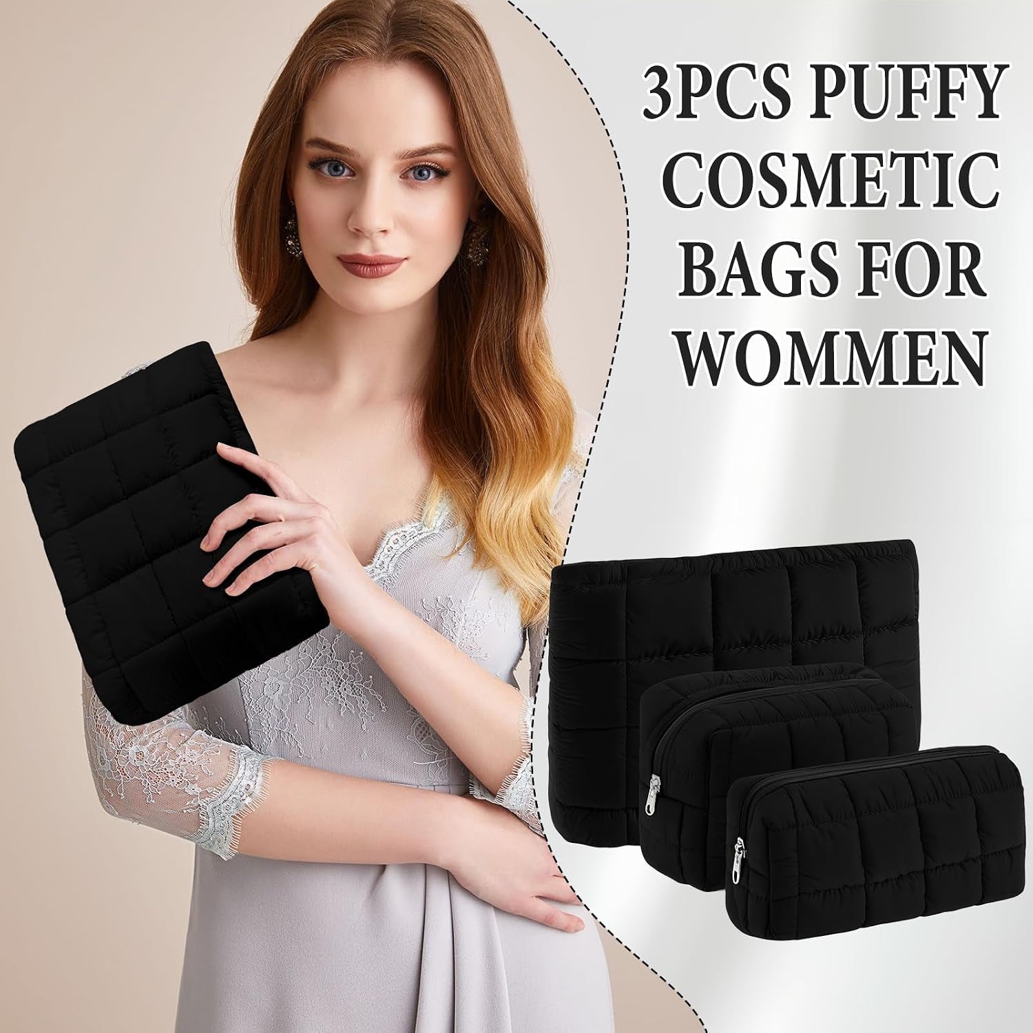 3Pcs Quilted Makeup Bag for Women Puffy Cosmetic Bags Cute Checkered Travel Toiletry Bag Puffer Makeup Pouch for Purse Pencil Case Zipper Puffer Skincare Brushes Storage Organizer(Black)
