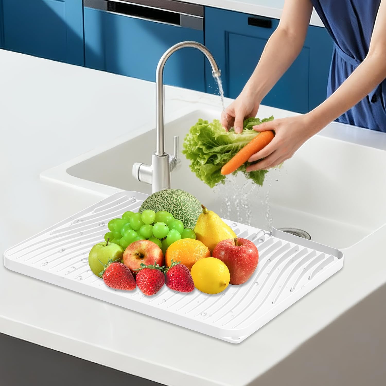 Silicone Dish Drying Mat for Kitchen Counter,Dish Drying Pad,Non-Slip Drain Pad with Built-In Drain,Heat Resistant Stone Drying Mat,15.8"X 13",Ivory