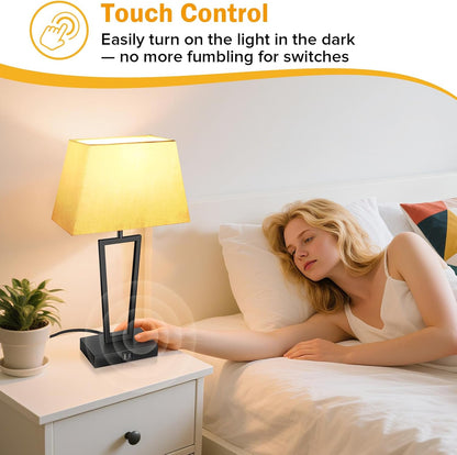 Hotel Style Modern Bedside Lamps Set of 2,Touch Control &3-Way Dimmable,Black Geometric Table Lamps with USB-C & USB-A Charging Ports for Bedroom,Nightstands,Living Room (2 Bulbs Included)