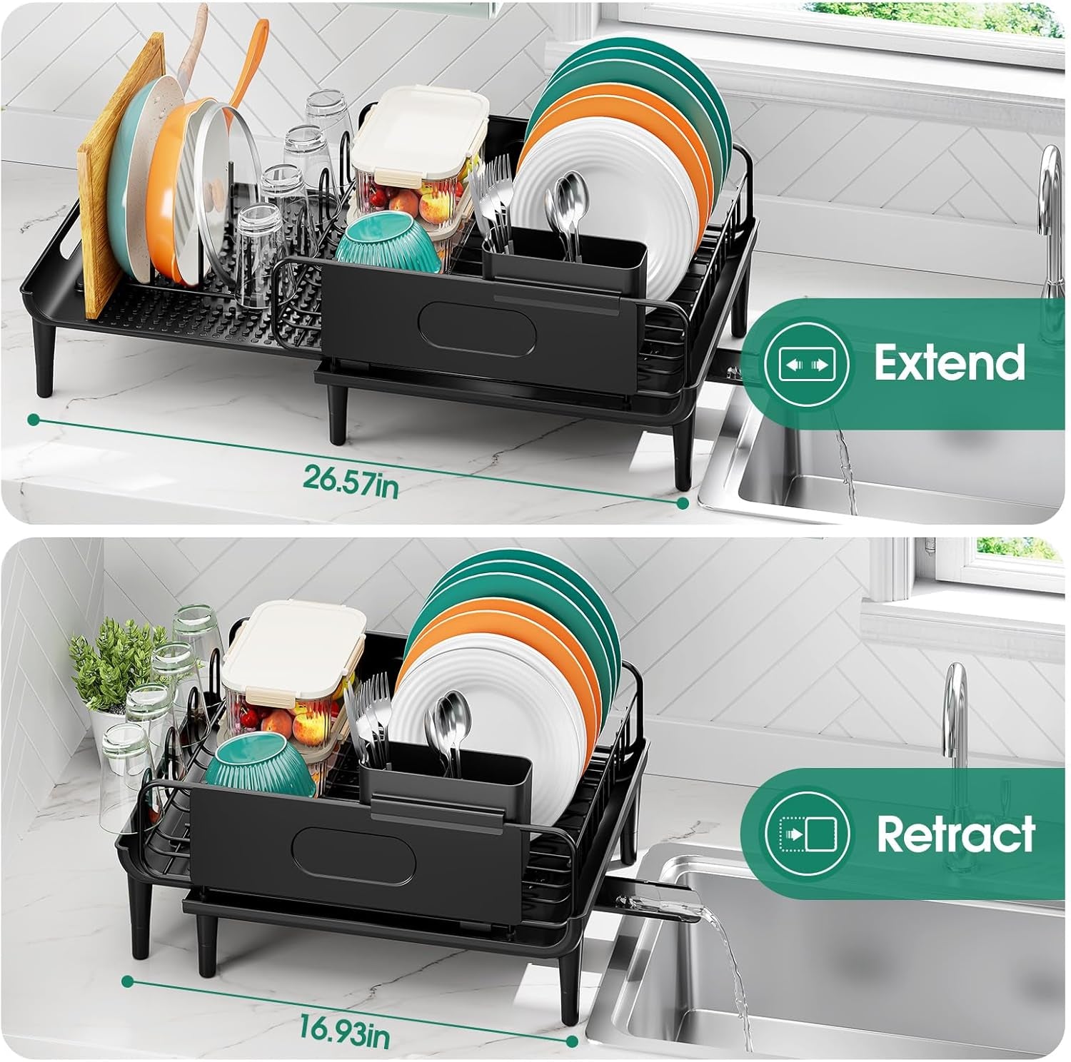 Large Extendable Dish Drying Rack, 16.93" to 26.57" Expandable Dish Rack for Kithen Counter, with Multifunctional Drainboard, Fits Any Sink, Heavy-Duty Steel Plate Drainer for Countertop Organization