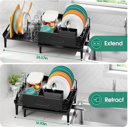 Large Extendable Dish Drying Rack, 16.93" to 26.57" Expandable Dish Rack for Kithen Counter, with Multifunctional Drainboard, Fits Any Sink, Heavy-Duty Steel Plate Drainer for Countertop Organization