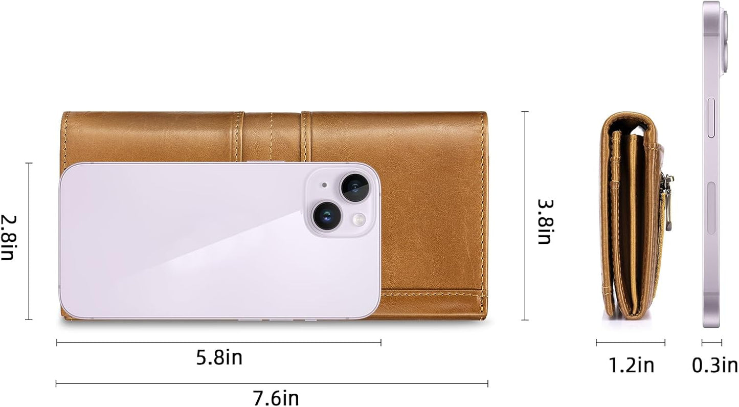 RFID Blocking Wallets for Women Leather Long Ladies Wallet Bifold Womens Wallet with Coin Pocket ID Window,Brown