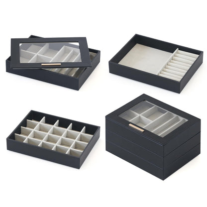PreTidy Jewelry Organizer Jewelry Drawer Organizer Stackable Jewelry Trays for Drawer Inserts (4-Tier-Black-A)