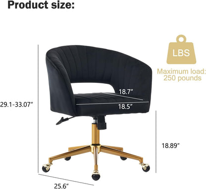 Velvet Office Desk Chair, Upholstered Home Office Desk Chairs with Adjustable Swivel Wheels, Ergonomic Office Chair for Living Room, Bedroom, Office, Vanity Study (Black)