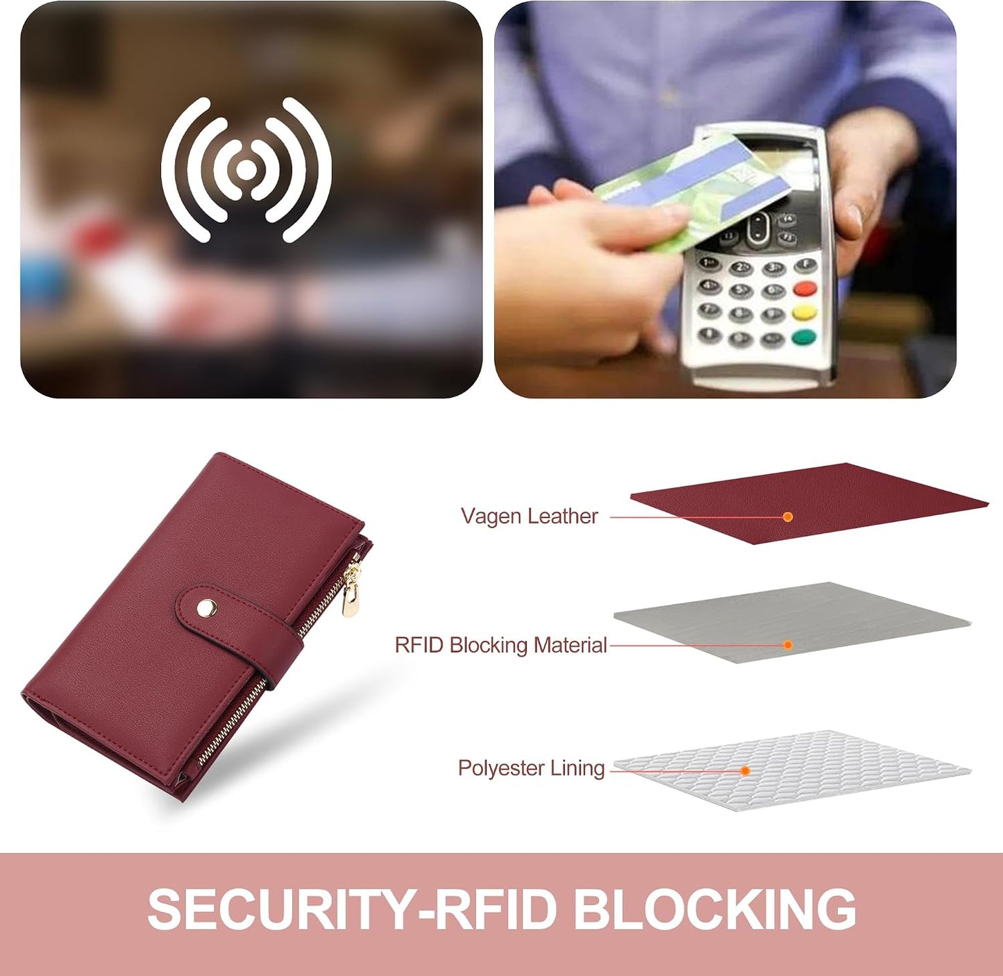 Womens Wallet RFID Blocking Leather Trifold Clutch Wallet Credit Card Holder Ladies Travel Wallet Purse with Pen Holder