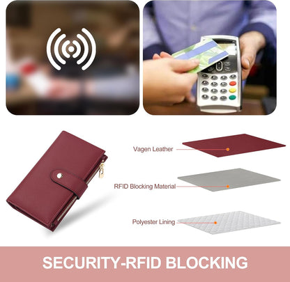 Womens Wallet RFID Blocking Leather Trifold Clutch Wallet Credit Card Holder Ladies Travel Wallet Purse with Pen Holder