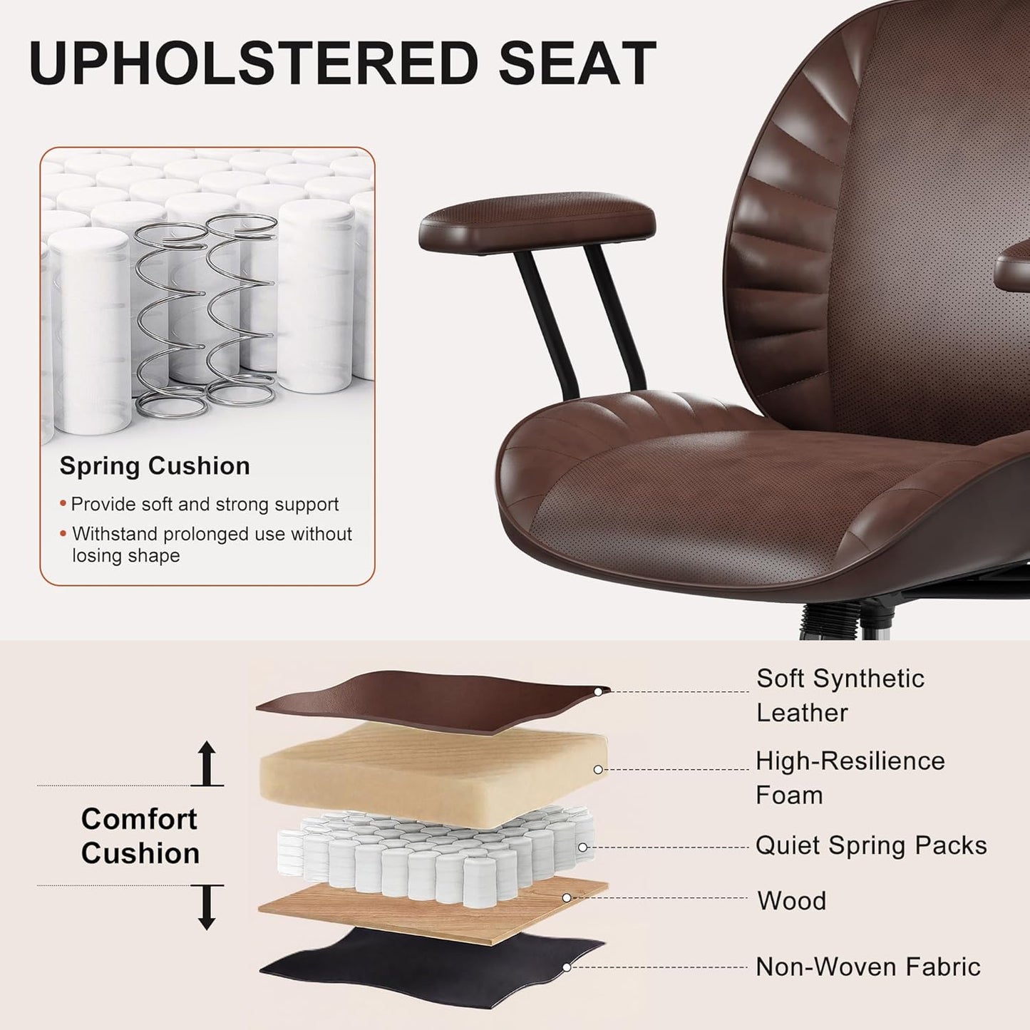 Home Office Desk Chair, Adjustable Comfy Office Chair with Wheels,Leather Office Chair with Removable Armrests, Office Desk Chair with Lumbar Support for Home Office or Workspace, Dark Brown