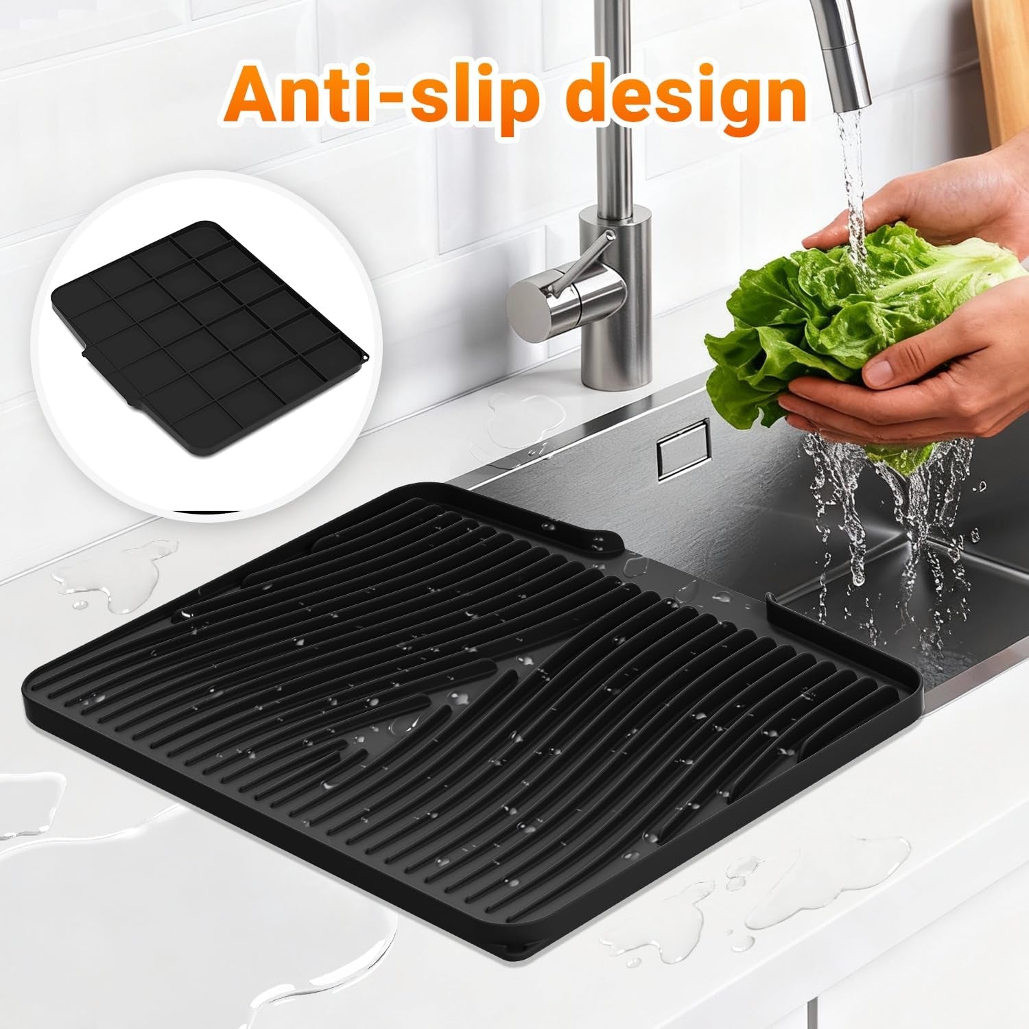 Silicone Dish Drying Mat for Kitchen Counter,Dish Drying Pad,Non-Slip Drain Pad with Built-In Drain,Heat Resistant Stone Drying Mat,15.8"X 13",Black,2Pcs