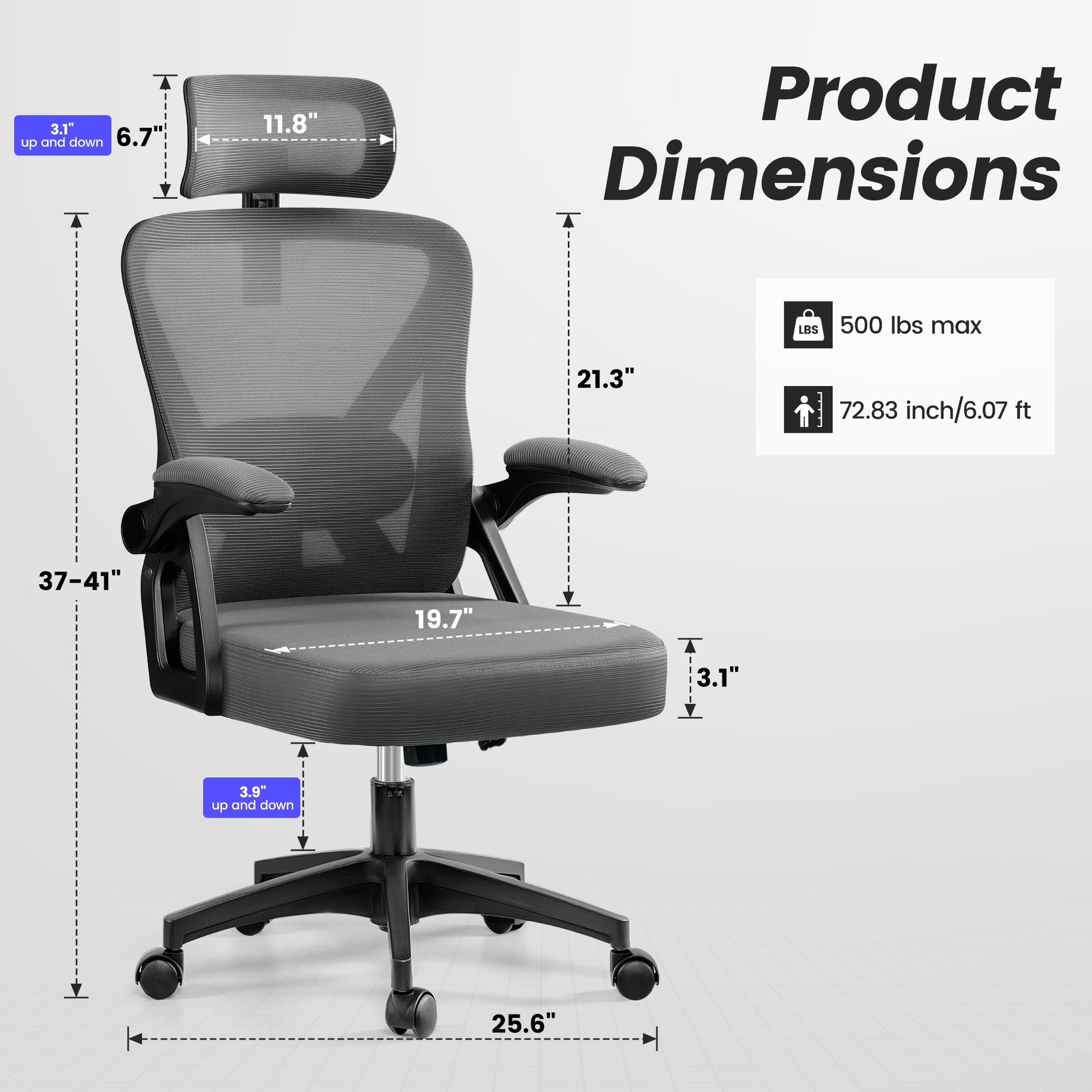 Ergonomic Office Chair, High Back Mesh Office Desk Chair with Headrest 500LBS, Executive Office Chair with Adjustable Aremrest, Home Office Swivel Desk Chair for Home Office, Dark Gray