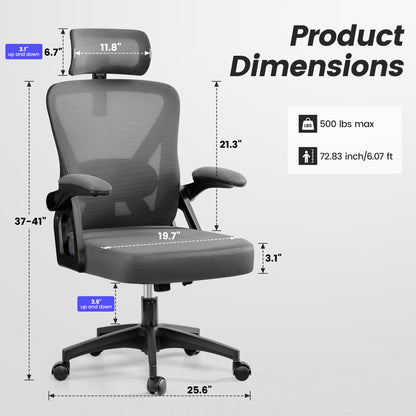 Ergonomic Office Chair, High Back Mesh Office Desk Chair with Headrest 500LBS, Executive Office Chair with Adjustable Aremrest, Home Office Swivel Desk Chair for Home Office, Dark Gray