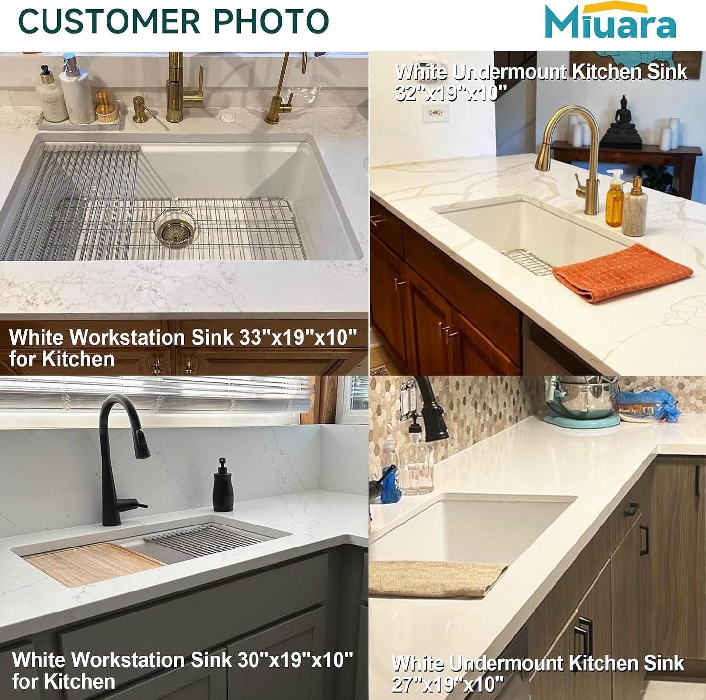 White Undermount or Drop in Workstation Kitchen Sink 33 X 19 Inch | for Kitchen, Fireclay Large Single Bowl, Dual Mount: under or Top Mount, Resistant to Stain, Heat, Chipping & Scratchs