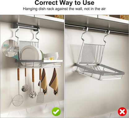 over Sink Dish Drainer Drying Rack, Stainless Steel Foldable Wall Mounted Dish Racks with Drainboard Hanging Rod and Sponge Holder, Silver