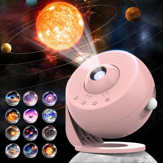Galaxy Projector for Bedroom, HD Image Star Projector Galaxy Light Adjustable Knob, 12 Film Discs Planetarium Projector for Kids, 360° Rotating 1/2H Timer Simple 4-Button Control Pink