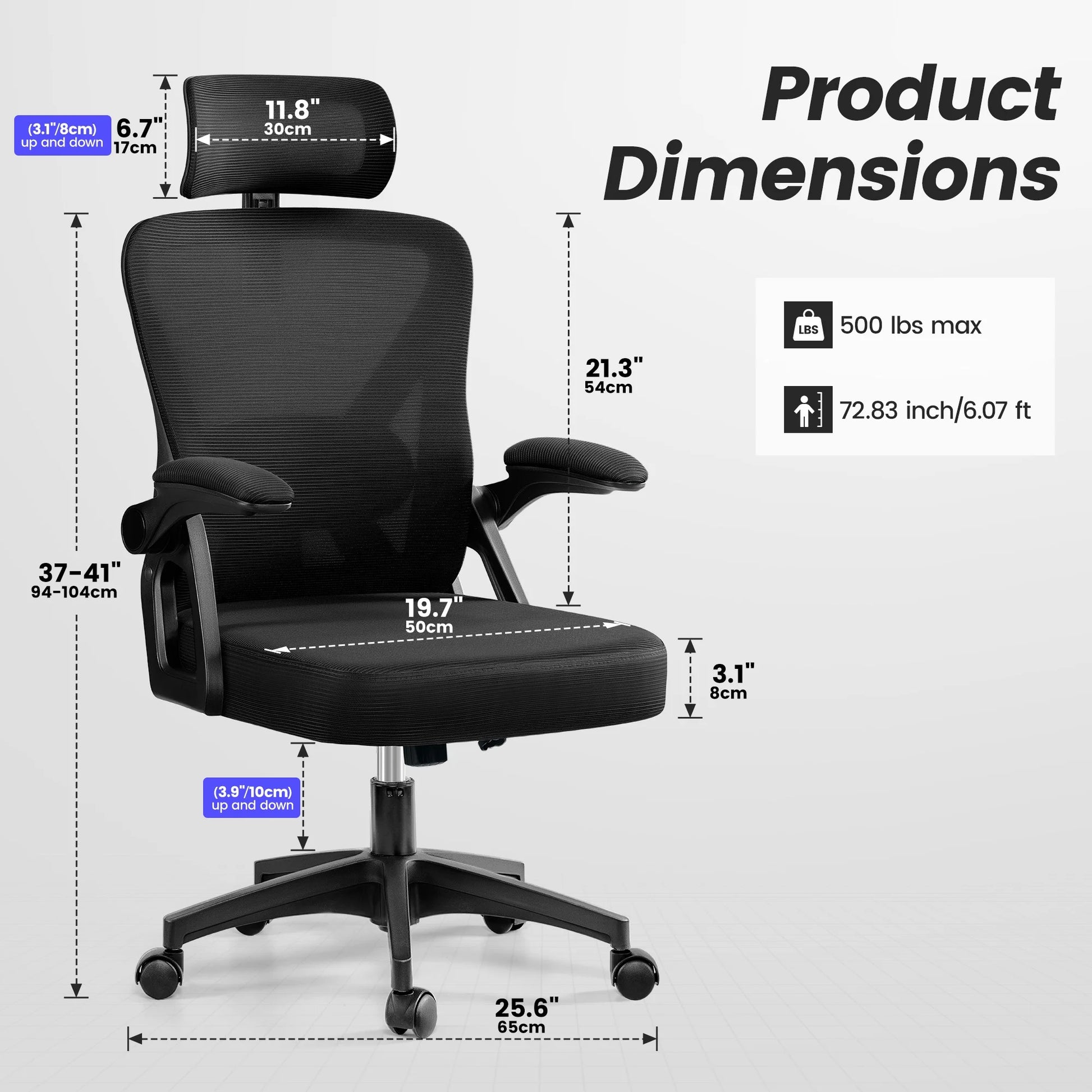 Ergonomic Office Chair, High Back Mesh Office Desk Chair with Headrest 500LBS, Executive Office Chair with Adjustable Aremrest, Home Office Swivel Desk Chair for Home Office, Black
