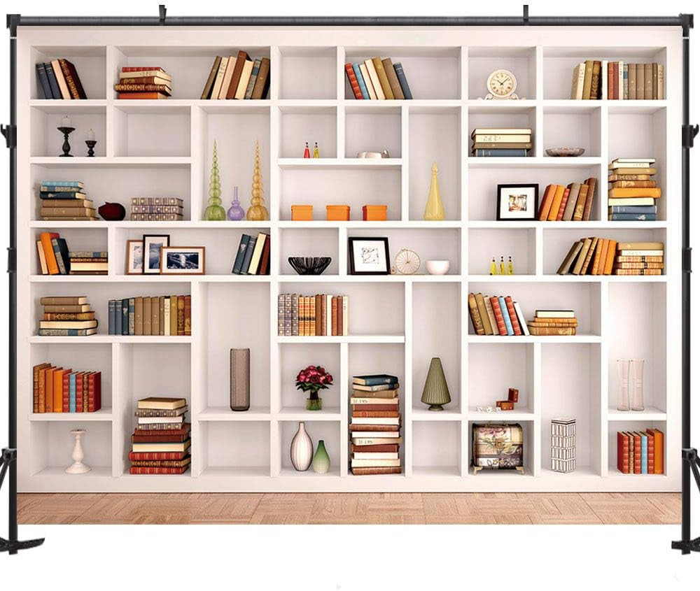 7X5Ft White Bookshelf Backdrop Bookcase Backdrop for Office & Home Office Decoration