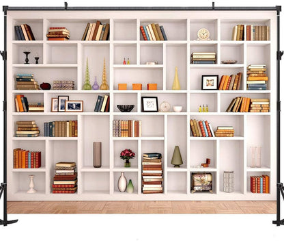 7X5Ft White Bookshelf Backdrop Bookcase Backdrop for Office & Home Office Decoration