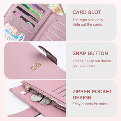 Womens Wallet RFID Blocking Leather Trifold Clutch Wallet Credit Card Holder Ladies Travel Wallet Purse with Pen Holder