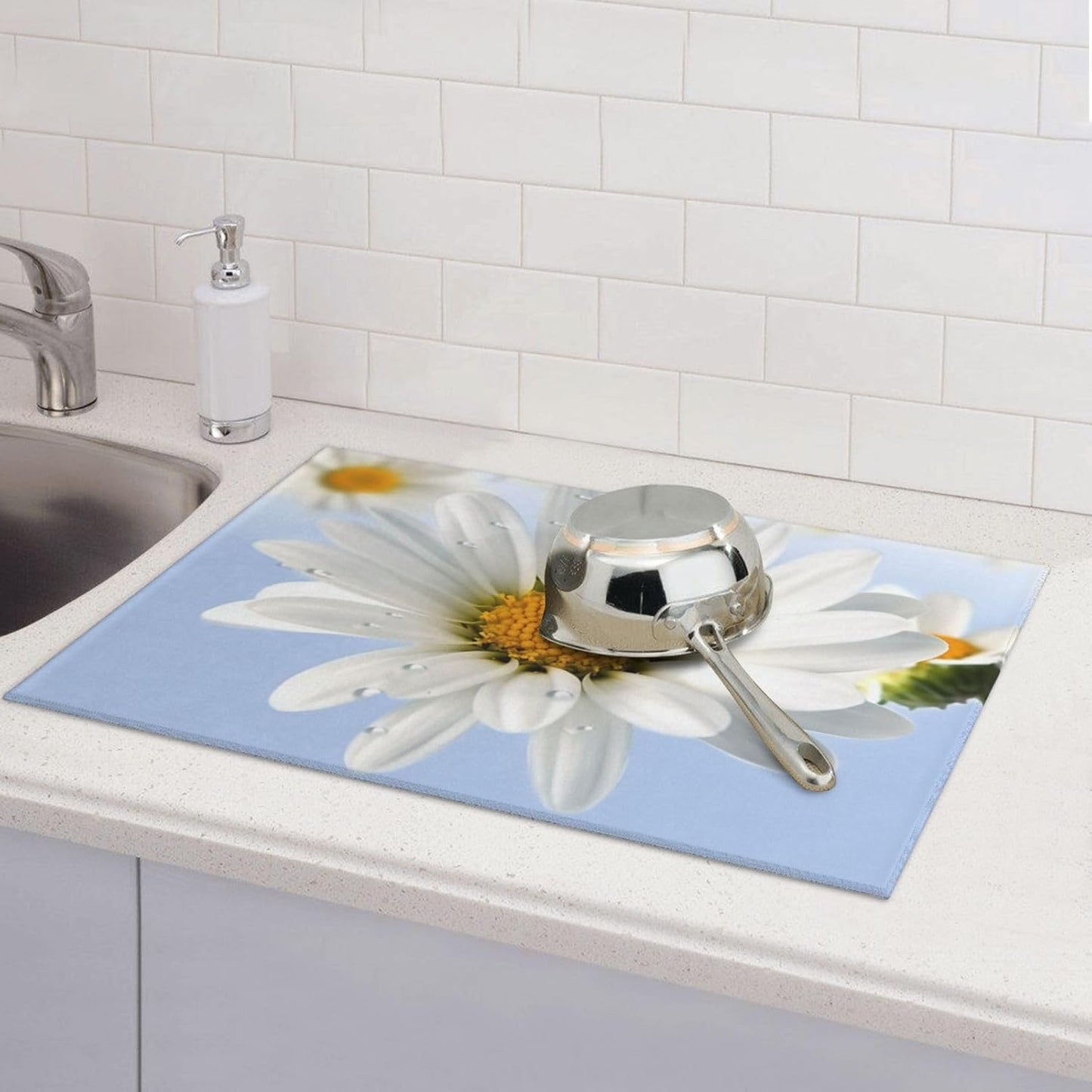 White Daisy Dish Drying Mat for Kitchen Counter Microfiber Dish Drying Pad XL Super Absorbent Dish Drainer Mats with Hook Large Kitchen Drying Mat 18X24 Inch