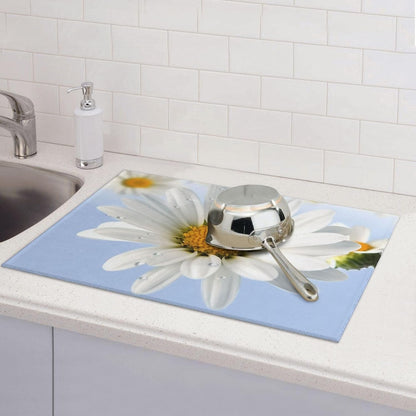 White Daisy Dish Drying Mat for Kitchen Counter Microfiber Dish Drying Pad XL Super Absorbent Dish Drainer Mats with Hook Large Kitchen Drying Mat 18X24 Inch