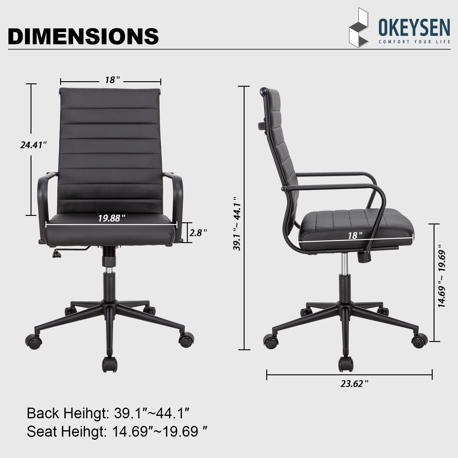 Okeysen Black Office Chair, Ergonomic Leather Modern Office Chair, Executive Ribbed Height Adjustable Swivel Rolling Chair for Home Office.