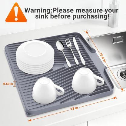 Silicone Dish Drying Mat for Kitchen Counter,Dish Drying Pad,Non-Slip Drain Pad with Built-In Drain,Heat Resistant Stone Drying Mat,15.8"X 13",Gray,2Pcs