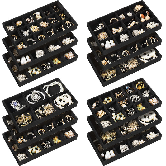 Junkin 12 Pcs Jewelry Tray Velvet Stackable Jewelry Organizer Trays Divided Earring Organizer Jewelry Storage Containers Box (Black)