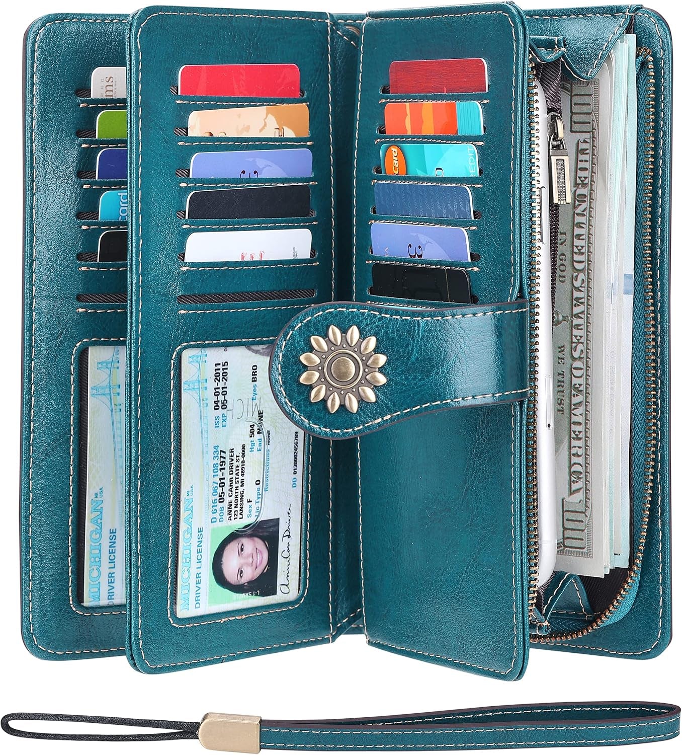 Womens Large Capacity Genuine Leather RFID Blocking Wallets Wristlet Clutch Card Holder