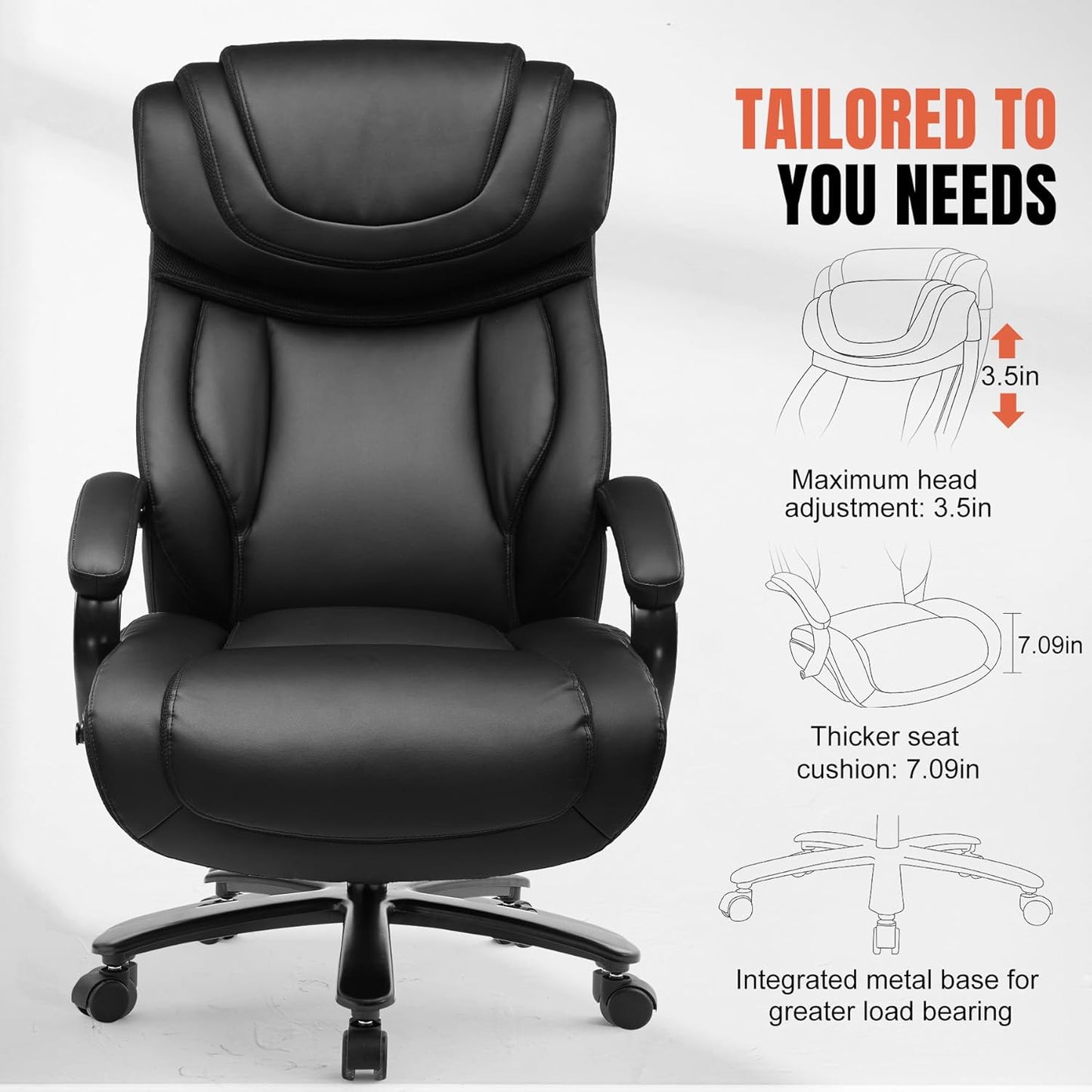 Big and Tall Office Chair 650Lbs Ergonomic Office Chair 6 Gear Adjustable Headrest Swivel Rocking Home Office Desk Chairs Leather High Back Executive Office Chairs with Thickened Armrests