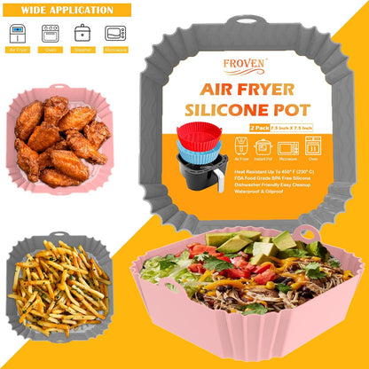 8 Inch Square Silicone Air Fryer Liners (2 Pack) Pink & Grey Reusable Non-Stick Inserts with Handles for Mess-Free Cooking & Heat Resistance – for Airfryer Ninja COSORI Instant Vortex & More