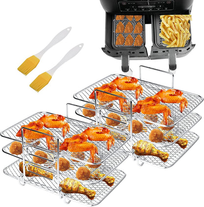 Air Fryer Rack Compatible with Ninja DZ201 DZ401 PowerXL Double Basket Air Fryers Rack 3-Layers Rack Electric Fryer 304 Stainless Steel Toast Rack Multi-Layer Grill Rack 2 Oil Brush (2 PACKS)