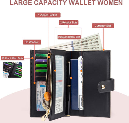 Wallet Women RFID Blocking Leather Trifold Clutch Wallet Credit Card Holder Ladies Travel Wallet Purse with Pen Holder