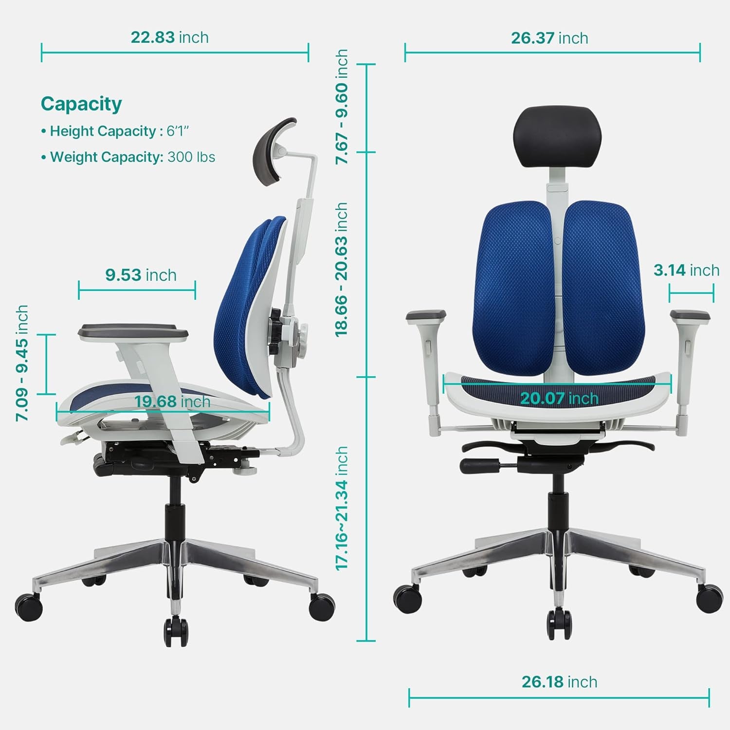 Alpha - Ergonomic Dual-Backrest Office Chair, Best for Lower Back Pain, Mesh, White/Blue