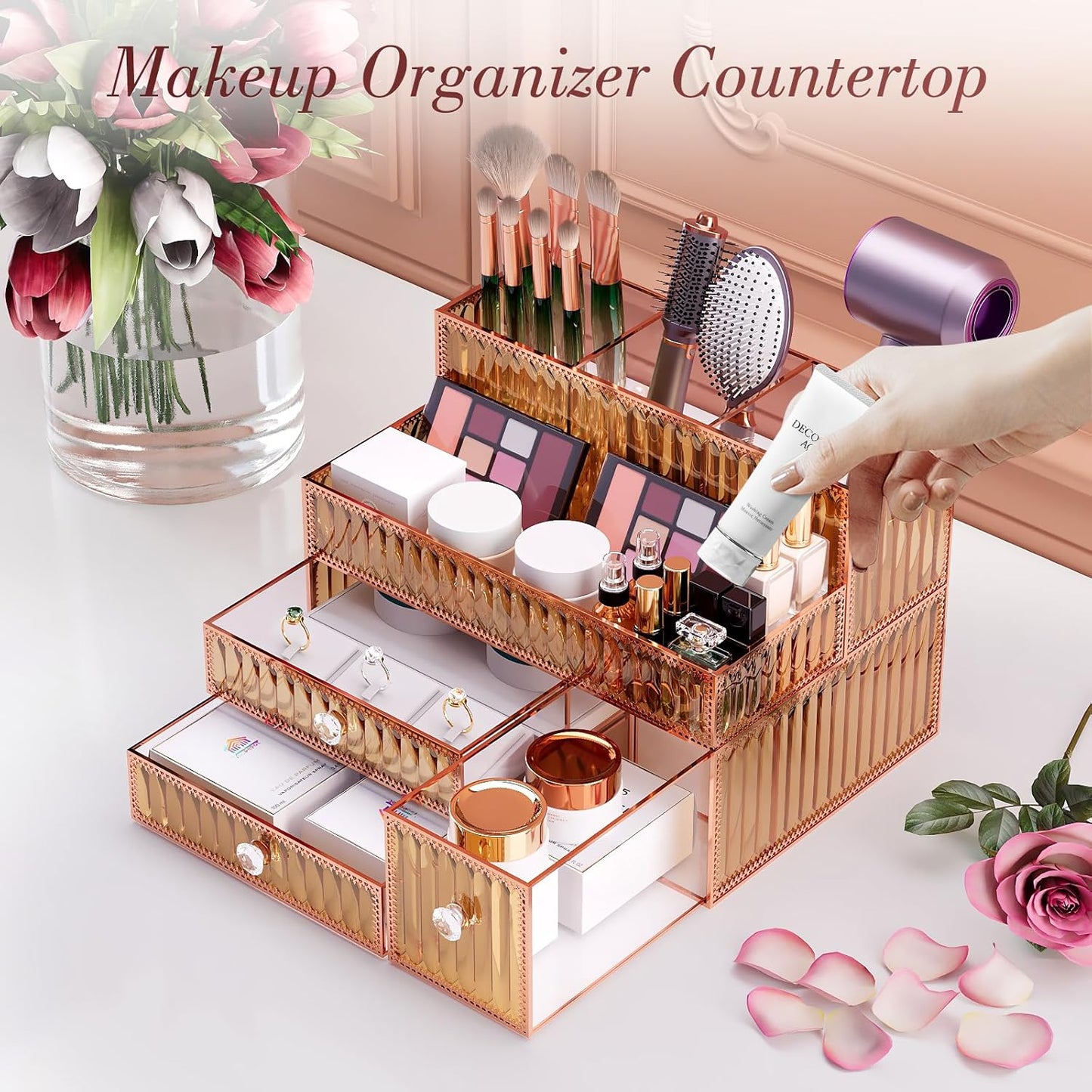 Youdepot Tempered Glass Makeup Organizer Countertop for Vanity & Skincare + 5-Drawer Glass Jewelry Box Organizer for Women with Velvet Storage