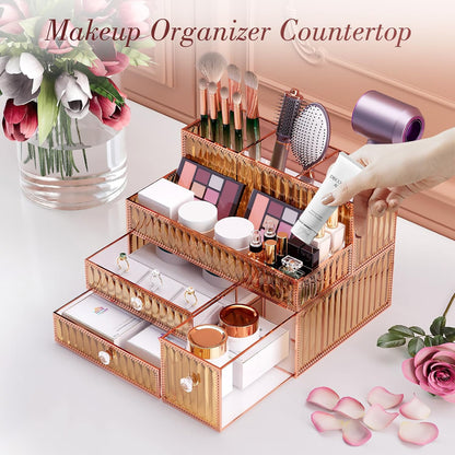 Youdepot Tempered Glass Makeup Organizer Countertop for Vanity & Skincare + 5-Drawer Glass Jewelry Box Organizer for Women with Velvet Storage