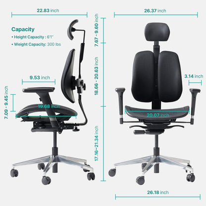 【Dual-Backrests】 Alpha - Ergonomic Office Chair, Breathable Mesh Office Chair, Synchronized Tension Tilt, Posture and Pressure Distribution, Fully Adjustable Headrest and Armrest (Black)