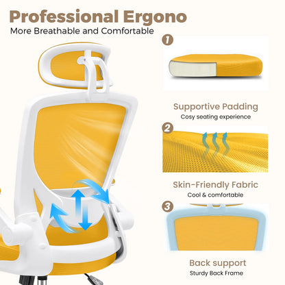 Office Chair Ergonomic Desk Chair, High Back Office Chair with Headrest, Big and Tall Comfy Home Office Desk Chair Lumbar Support Breathable Mesh Office Chair, Yellow