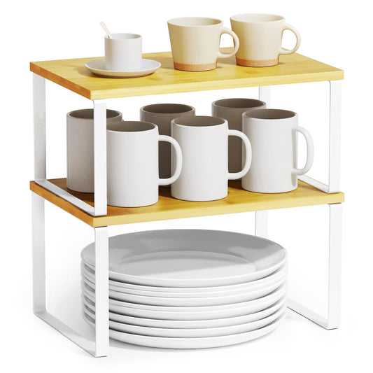 SpaceAid Cabinet Shelf Organizers 2 Pack Kitchen Counter Rack Shelves Riser Stackable Expandable Spice Rack Pantry Cupboard Storage Organization (White and Natural Short)