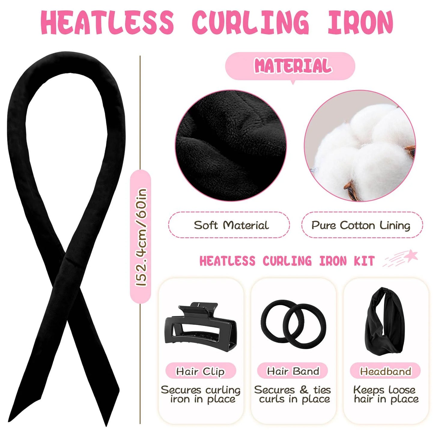 Professional Ribbon Hair Rollers, 5 Piece Set, Heatless Curling Set, Black